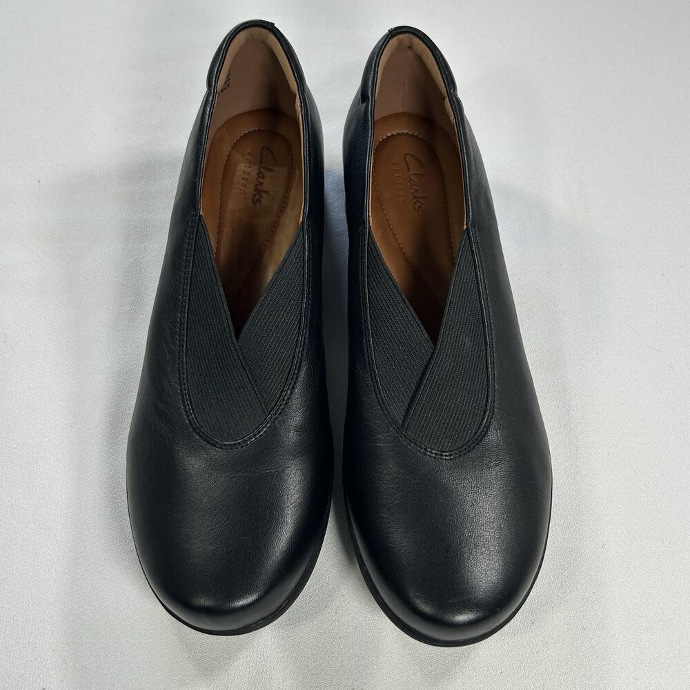 Clarks Artisan Black Leather Slip-On Comfort Loafers Low Heel Stretch Panel 8N